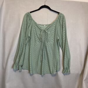 Romantic Off-Shoulder Blouse XL – Long Sleeve, Flowy Fit, Light Green, Feminine